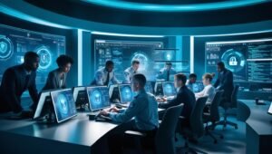 Futuristic cybersecurity command center with AI analytics displays and security professionals working with advanced visualization tools