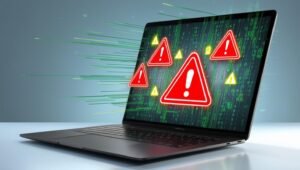 Futuristic visualization showing a monitor or laptop with security warning symbols and binary code, depicting modern AI security threats
