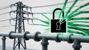 Illustration of an electrical grid or water pipes with broken padlock symbol and malicious code, representing attacks on critical infrastructure